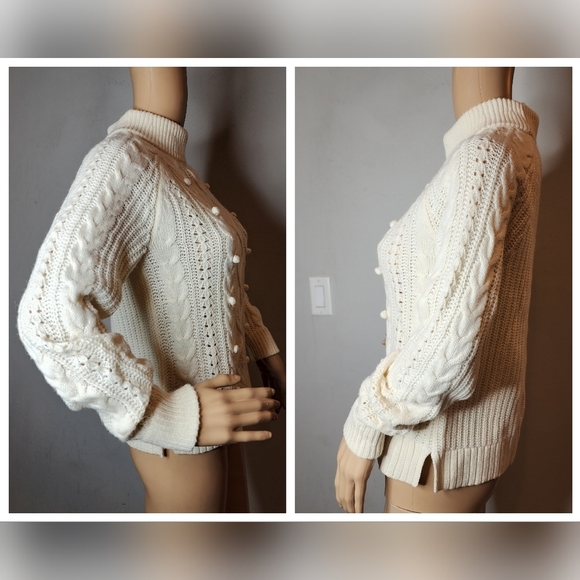 J. Crew Lambs-wool blend Cream Pom-pom cable-knit sweater. Size XS - Picture 5 of 16